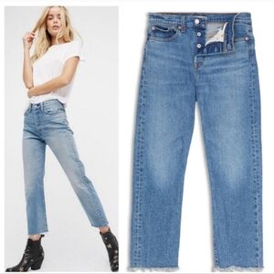 Levis Wedgie Straight Jeans Raw Hem Button Fly Size 26 Light Blue